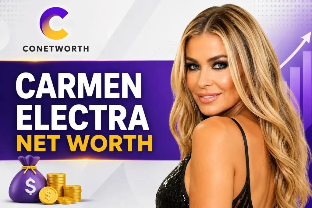 Carmen Electra smiling in a glamorous Hollywood-style net worth feature image with luxury gold background and bold text about her career, income, lifestyle, and success story.