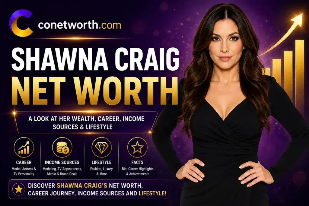 Shawna Craig Net Worth featured image with purple and gold background, luxury theme, career and lifestyle highlights, and Conetworth.com branding.