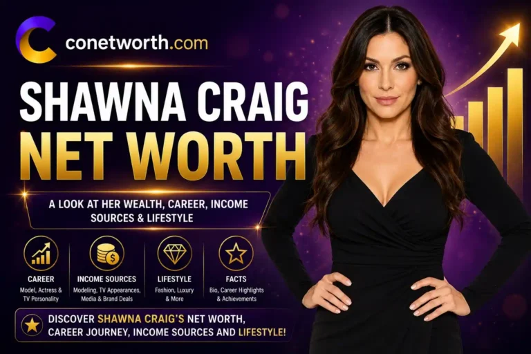 Shawna Craig Net Worth featured image with purple and gold background, luxury theme, career and lifestyle highlights, and Conetworth.com branding.